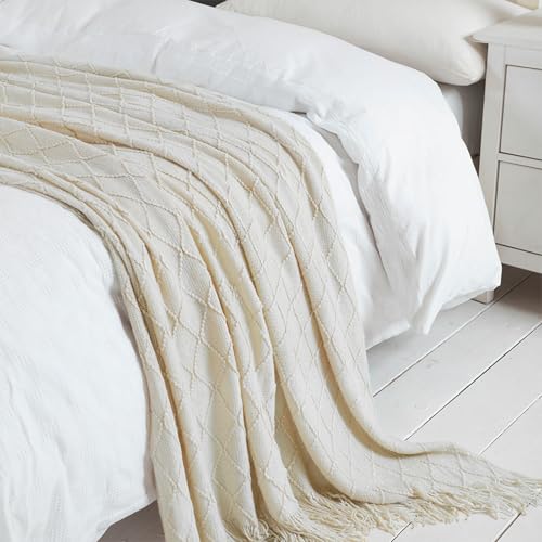 BOURINA Beige Throw Blanket 50 x90 Inches Throw Textured Solid Soft Sofa Throw Bed Runner Couch Cover Knitted Decorative Blanket Bed Runner - color: Beige, size: 50"x90"