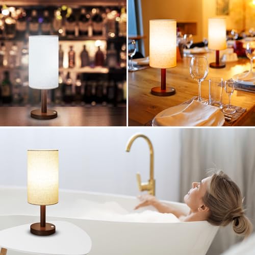 LALISU Small Table Lamp Nightstand Lamp Linen Lampshade Bedroom Wood Base Small Bedside Lamp for Night Stands, Desk Lamps for Reading Living Room, Office (LED Bulb Included) (Walnut Wood Cordless(2)) - color: Walnut Wood Cordless(2)