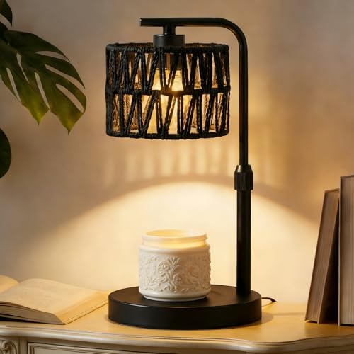 Candle Warmer Lamp, Timer Dimmable Candle Lamp, Adjustable Height and Brightness Candle Warmer, Black Boho Rattan Lampshade and 2 Bulbs, Suitable for Home Decor, Birthday Gifts for Women Mom - color: Boho-Black Shade