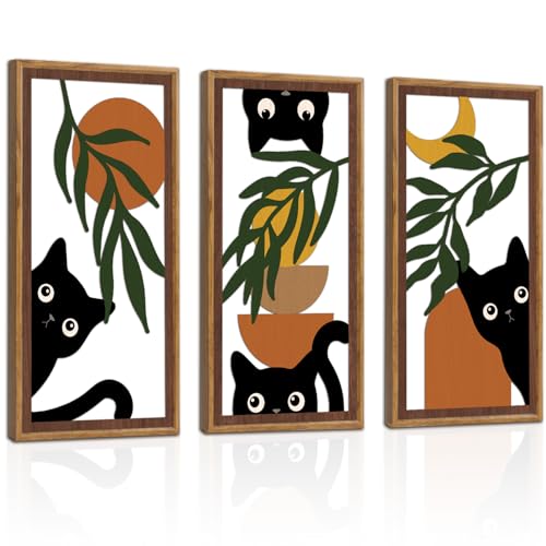 KAIRNE Boho Black Cat Wall Art,Green Leaves Wood Wall Decor Set of 3(16”X8”),Farmhouse Geometric Wooden Cat Wall Decor,Mid-Century Bohemian Moon Sun Design for Friends Family Bedroom Living Room Decor - color: Cat Boho, size: 8"L x 16"W