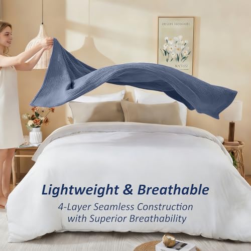 EMME Cotton Muslin Large Throw Blanket Couch Breathable Gauze Soft Lightweight Bed Blankets Adults (Heather Navy, 50"x70") - color: 02 - Navy, size: Large Throw (50" X 70")