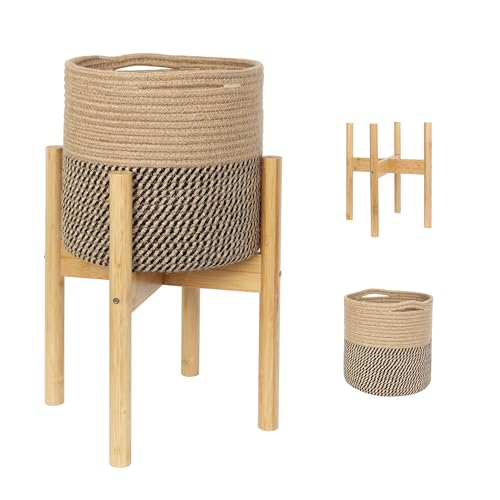 Plant Basket with Stand, Indoor Round Wicker Basket Plant with Bamboo Wood Stand, Decorative Woven Rope Flower Indoor Planter with Legs, Boho Bamboo Wood Planter Holder (Jute Black Stripes) - color: Jute Black Stripes