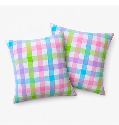 Native Fab Checkered Pillow Covers 2 Pack, 16x16 Inches, 100% Cotton, Buffalo Plaid, Rustic Cushion Cases, Great for Farmhouse Easter, Spring Home Decor, Living Room, Sofa, Counch, Easter Checks - color: Gingham Pastel, size: 16" x 16" (Pack of 2)