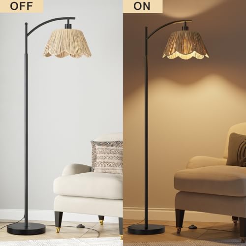 Oneach Boho Floor Lamp with 3 Color Temperatures, Farmhouse Floor Lamps for Living Room with Remote & Dimmable Bulb, Rattan Floor Lamp for Bedroom, Black - color: Pure Black