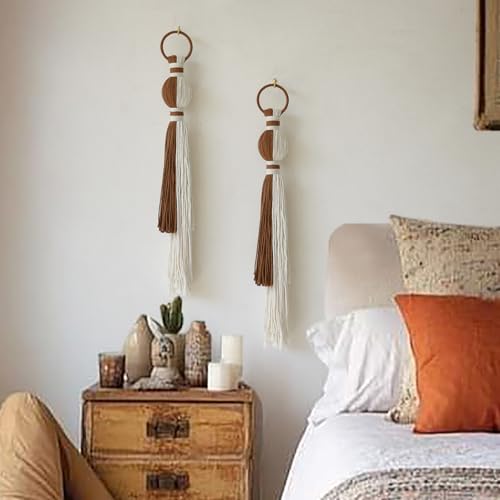 IOWER 2Pcs Macrame Wall Hanging Boho Home Decor Fiber Art with Sphere Knots Tassels Handmade Yarn Art for Bedroom Living Room Office Entryway - color: Ivory and Brown