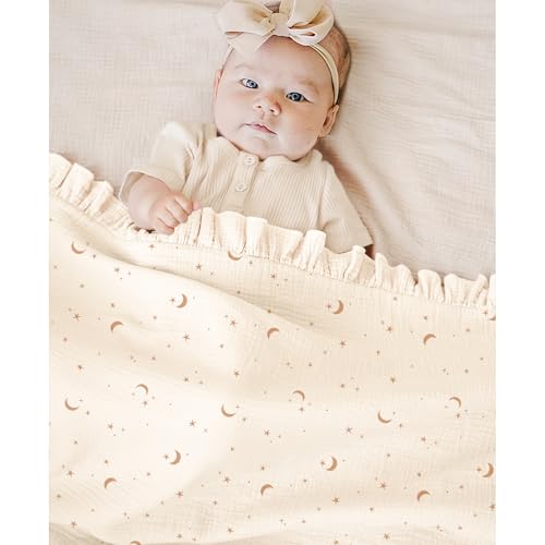 Konssy Flounce Muslin Baby Blanket for Girls Boys, 100% Cotton Soft Crib Swaddle Blankets, Reversible & Breathable Nursery Bedding for Newborns Toddlers, 43 x 39 Inches (Moon) - color: Moon, size: 43"x39"