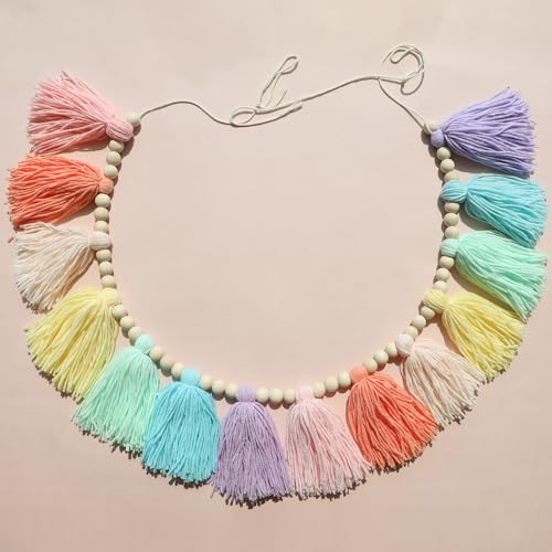 DCJHFJ Pastel Rainbow Boho Tassel Garland Wall Hanging with Wood Beads for Baby Shower Birthday Party Classroom Dorm Nursery Decor - color: Macaron