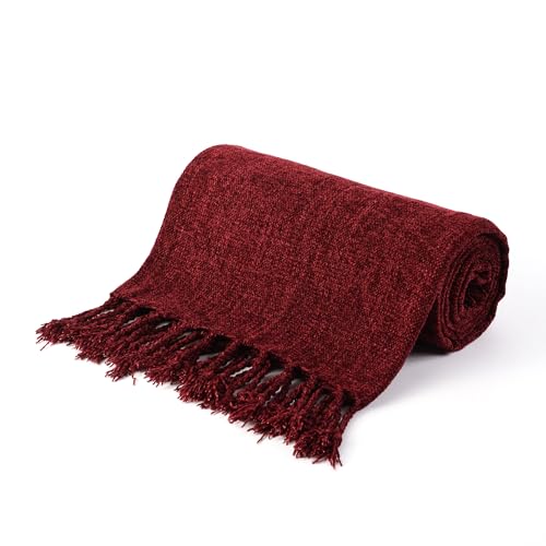 BATTILO HOME Burgundy Chenille Throw Blanket, Decorative Red Knit Throw with Fringe, Lightweight for Christmas Decor, 50"x60" - color: Burgundy