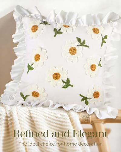Embroidered Throw Pillow Cover - 18x18 Decorative Pillow Cover with Zipper Aesthetic Cute Design Boho Spring Summer Throw Pillowcase for Living Room Couch Sofa Bed, Ruffle Daisy - color: Ruffle-daisy, size: 18" x 18" (Pack of 1)