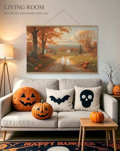 ARPEOTCY Extra Large Vintage Framed Wall Art, 36x54 Inch Halloween Wall Art Canvas, Vintage Autumn Landscape with Cute Ghosts and Pumpkins, Large Farmhouse Fall Wall Decor for Living Room Fireplace Entryway - color: Autumn Ghosts
