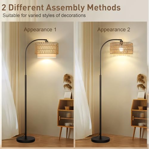 Rattan Floor Lamp, Dimmable Boho Floor Lamp, Farmhouse Arc Standing Lamp with Adjustable Rattan & Fabric Shades, Modern Lamp Tall Lamp for Living Room Bedroom Office Reading Room, Bulb Included - color: Black with rattan shade