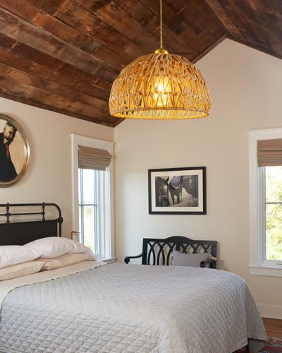Rattan Pendant Light Fixtures, 11.6” Boho Woven Basket Pendant Light, Handmade Wicker Hanging Lamp, Rustic Wicker Chandelier for Kitchen Island, Dining Room, Living Room, Bedroom, E26 Base - color: 11.61″-Round