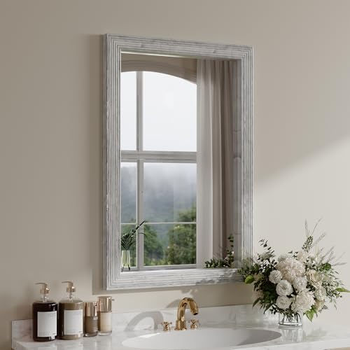 ULIKE Wood Mirror for Bathroom, Farmhouse Mirror with Rustic Frame, 24x36 Inch White Vanity Mirrors for Wall Decor of Bedroom or Living Room, Vertical or Horizontal Hanging, Rectangle - color: Antique White