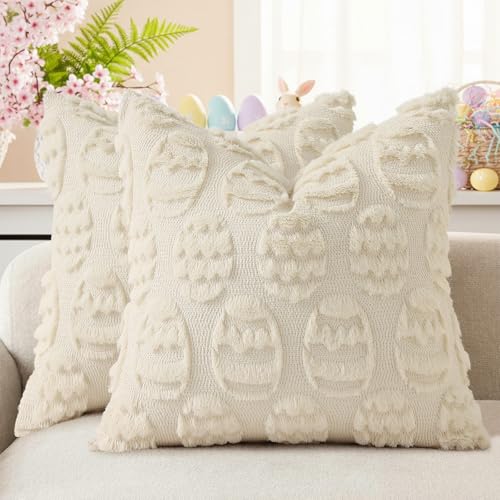 decorUhome Easter Beige Egg Pillow Covers 16x16 Inch Set of 2, Soft Plush Faux Wool Jacquard Cushion Covers, Farmhouse Neutral Fuzzy Spring Easter Holiday Decor for Couch Sofa Bed - color: Eggs Beige, size: 16" x 16" (Pack of 2)