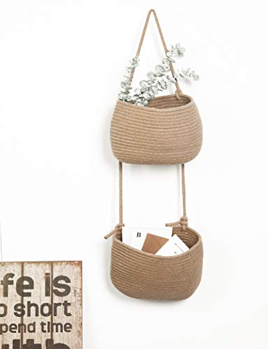 Over The Door Hanging Basket, 2 Tier Cotton Rope Woven Wall Basket, Magazine Racks Hanging Organizer, Decorative Hanging Storage Baskets for Organizing Living Room, Bathroom and Bedroom (Jute) - color: Jute