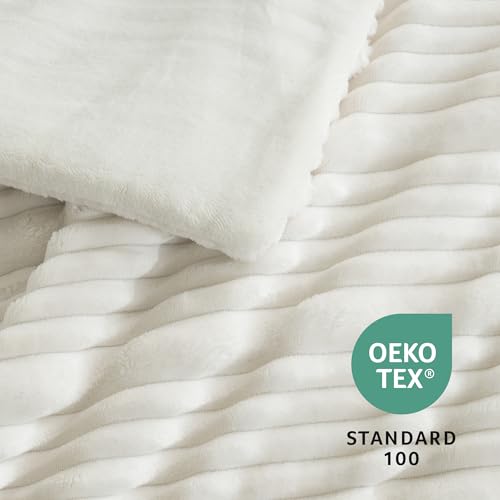 Amélie Home Premium Fleece King Size Comforter Set,Soft Fuzzy Striped Flannel Bedding Set, 3 Pieces, 1 Cozy Comforter with 2 Pillowcases, Ivory, 106"x90" - color: Striped Ivory, size: King (106"x90")