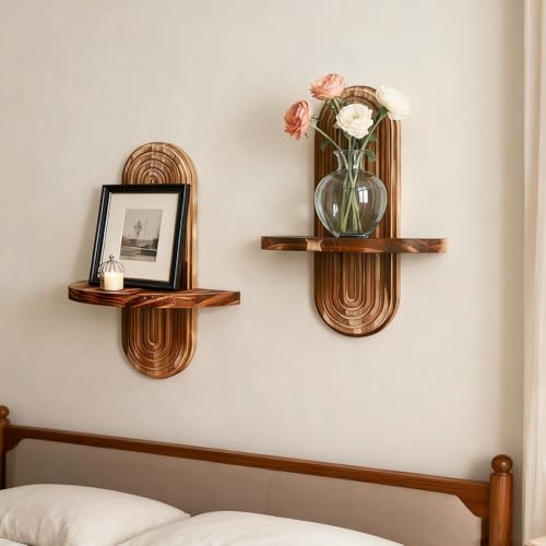 Artilady 2 Pack Floating Shelves for Wall Decor Boho Wood Shelf Plant Holder Trinket Storage Rack Rainbow Arch Home Decor for Bedroom Living Room Office Apartment - color: 1 Dark Brown