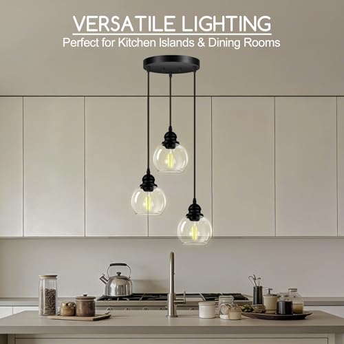 3-Light Pendant Light, Globe Cluster Hanging Light with Clear Glass Shade, Matte Black Pendant Lighting Adjustable Hanging Height Industrial Ceiling Light for Kitchen Island Bedroom(E26 Base,No Bulb) - size: 3Light - D 5.12 IN