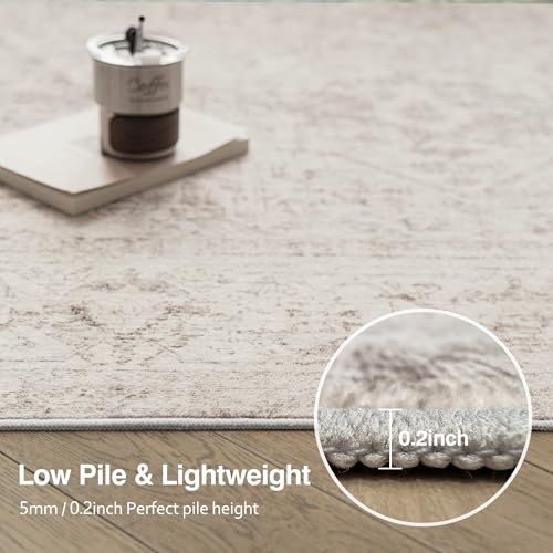 FMFUNCTEX 5x7 Washable Area Rug Neutral Vintage Beige Distressed Non Slip Low Pile Traditional Indoor Carpet for Living Room Bedroom Soft Retro Mat Throw Rug for Dining Office Kitchen Dorm Entryway - color: Beige, size: 5' x 7' (Rectangular)