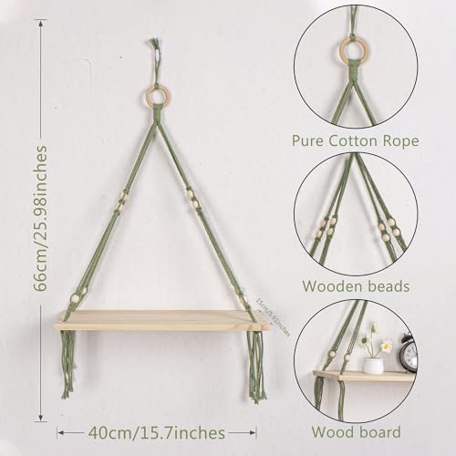 HVEST Macrame Shelf Wall Hanging Rustic Wood Floating Storage Shelf for Bedroom Bathroom Living Room Nursery Dorm Apartment Handmade Woven Tapestry Modern Minimalist Wall Art Macrame Plant Hanger - color: Green White