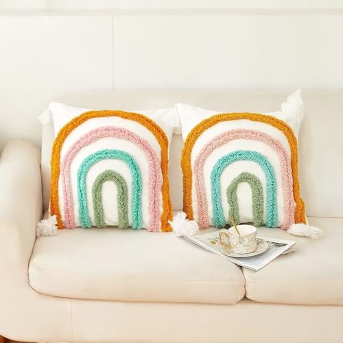 Set of 2 Boho Rainbow Decorative Textured Throw Pillow Covers 18x18 Farmhouse Colorful Tufted Pillow Covers with Tassels Woven Cushion Case for Sofa Bed Living Room Hallowmas Ivory - color: Ivory, size: 18" x 18" (Pack of 2)