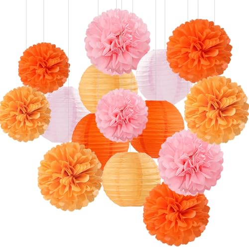 Pink-Orange Groovy Party-Decorations Paper-Flowers Lanterns - 15PCS Baby Shower Tissue Pom Poms Streamers, Fall Wedding Boho Birthday Bridal Bachelorette Sunset Hanging Supplies Decor Hugfond - color: Orange Pink