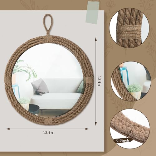 Vercraft Nautical Mirror 20" Wall Decor with Rope Wrapped Trim and Hanging Loop Round Circle Coastal Boho Mirror Nautical Rustic Decorative for The Living Room, Bedroom Bathroom and Entryway - color: Brown, size: 20.1"L x 20.1"W, style: Vintage