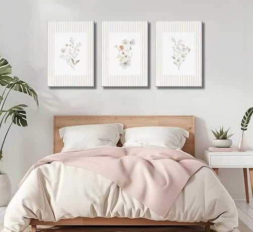3Psc Striped Floral Canvas Wall Art Neutral Minimalist Flower Painting Picture Wall Decor Boho Vintage Wildflower Poster Print Artwork for Living Room Bathroom Home Decoration12x16 Inch - color: White retro flowers, size: 16"L x 12"W