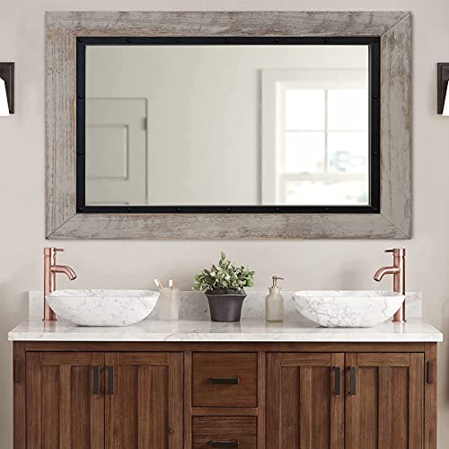 YOSHOOT Rustic Wooden Framed Wall Mirror, 40"x30", Natural Wood and Iron Bathroom Vanity Mirror for Farmhouse Decor, Vertical or Horizontal Hanging - color: White Grey, size: 40"L x 30"W
