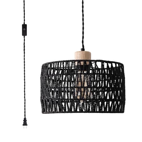 Plug in Pendant Light with Hand Woven Rattan Lampshade, Hanging Lamp with 15 FT Rope Cord On/Off Switch, Boho Pendant Light Fixture for Living Room Bedroom Kitchen Island Dinning Table - color: Black