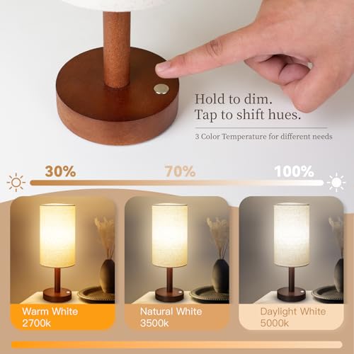 LALISU Cordless Table Lamp, 3 Color Dimming Portable Battery Lamp, Touch Control Wood Base Small Bedside Lamps for Night Stands, Living Room, Office(LED Bulb Included) (Cordless Wood Base) - color: Beige Shade+Cordless Wood Base