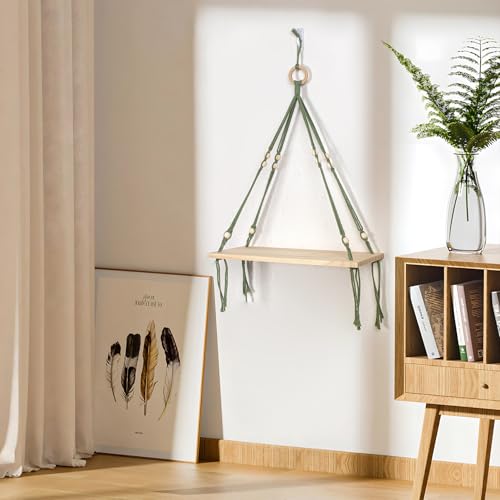 HVEST Macrame Shelf Wall Hanging Rustic Wood Floating Storage Shelf for Bedroom Bathroom Living Room Nursery Dorm Apartment Handmade Woven Tapestry Modern Minimalist Wall Art Macrame Plant Hanger - color: Green White