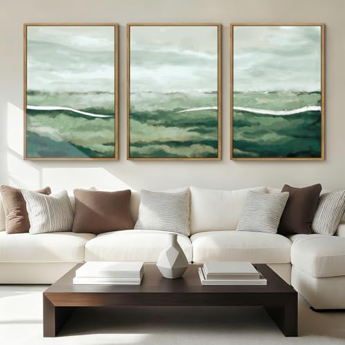 ANHUIB Large Green Abstract Framed Wall Art Set of 3 Sage Green Landscape Canvas Wall Decor 16x24 InchBeige Neutral Watercolor Lake Textured Illustrations Painting for Living Room Bedroom Dining Room - color: Green Neutral, size: 24"L x 16"W