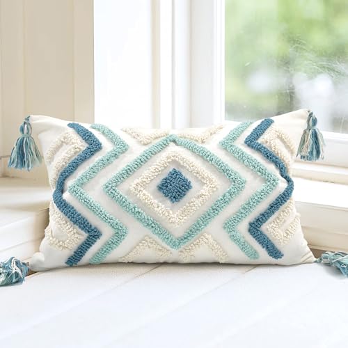 Boho Pillow Covers 12X20 Inch Boho Tufted Throw Pillow Covers Decorative Tassels Cushion Cover Farmhouse Pillow Case for Couch Sofa Bed Living Room Bedroom, Teal - color: Boho Multi-teal, size: 20" x 12" (Pack of 1)
