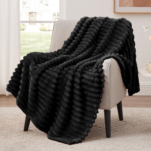 EXQ Home Fleece Blanket Twin Size for Couch or Bed - 3D Stripe Jacquard Decorative Blankets - Cozy Soft Lightweight Fuzzy Flannel Blanket Suitable for All Seasons(60"×80",Black) - color: Black, size: Twin