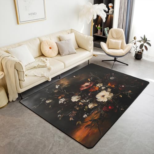 Erosebridal Vintage Floral Area Rug 4'11" x 3'3" Dark Flower Living Room Rugs Retro Botonical Fall Decorative Carpet Vintage Aesthetic Indoor Floor Mat - color: Black White Red, size: 3'3" x 4'11" (Rectangular)