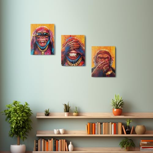 3 Pcs Funny Monkey Canvas Wall Art, Modern Monkey Wall Decor Framed Prints for Home Living Room Corridor Bathroom Cafe Apartment Decor, Housewarming Gifts 11.5x15 Inch - color: Multi 1370
