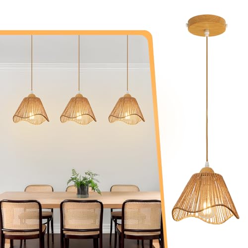 3 Pack Wave Rattan Chandelier Pendant Lights Kitchen Island,Farmhouse Boho Chandeliers Adjustable Height Hanging lamp for Dining Room,Kitchen Ceiling Light Fixtures Hand Woven Wicker Lampshade - size: 3 Pack
