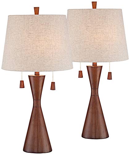 360 Lighting Omar Mid Century Modern Chic Style Table Lamps 28.75" Tall Set of 2 Warm Brown Wood Oatmeal Tapered Drum Shade Decor for Living Room Bedroom House Bedside Nightstand Home - color: Two Set