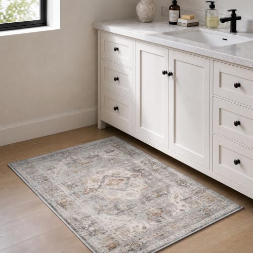 AMOAMI-2X3 Small Rug-Washable Rugs Entryway Mat Indoor-Soft Vintage Non Slip Rugs for Kitchen Laundry Room Bathroom Grey Decorative Accent Rug for in Front of Sink 24 Inch x36 Inch - color: Grey, size: 2' x 3' (Rectangular)