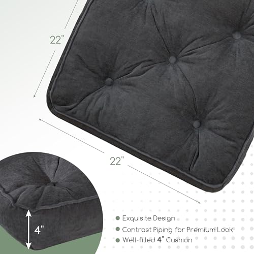 HIGOGOGO Large Floor Pillow Cushion for Adults, Meditation Cushion Pillow with Handle, Lustrous Chenille Tufted, Square Floor Sitting for Tatami Living Room or Yoga, 22x22 Inch, 2Pack, Dark Grey - color: Square Dark Grey, size: 4" Thick(Pack of 2)