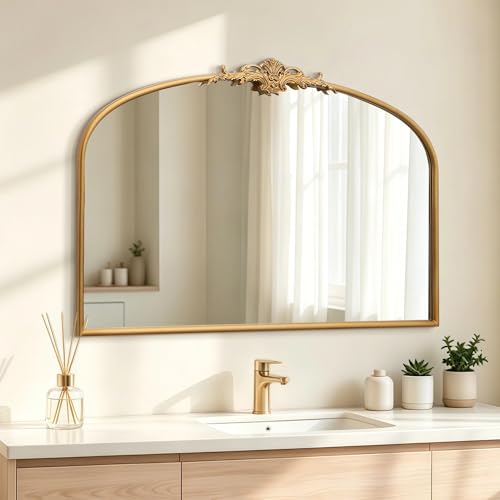 Besdomus Antique Arched Gold Mirror: 40"x29" French Large Gold Vintage Wall Vanity Mirror - Decorative Baroque Traditional Ornate for Bedroom/Bathroom/Fireplace/Entryway - Ideal for Home Renovations - color: Gleaming Gold, size: 29"L x 40"W