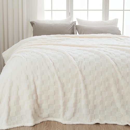 NEWCOSPLAY Super Soft Queen Blanket Ivory Premium Silky Flannel Fleece 3D Checkered Lightweight Bed Blanket All Season Use (Ivory Checkered, Queen(90"x90")) - color: Ivory Checkered, size: Queen(90"x90")