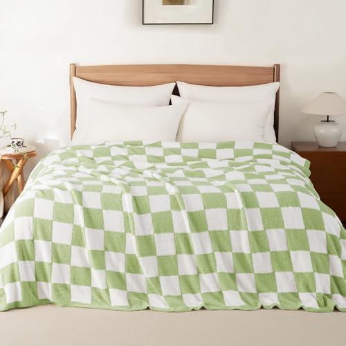 Whale Flotilla Checkered Knit Blanket Twin Size, Ultra Soft Warm Reversible Cozy Decorative Blankets for Couch Sofa and Bed, 60x80 Inch, Light Green - color: Light Green Checker, size: 60x80 Inch