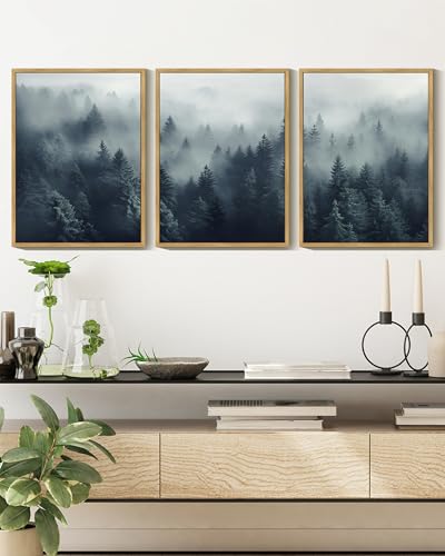 KUVIOKE Blue Fog Pine Tree Framed Wall Art Nature Nordic Forests Artwork Morden Painting Home Decor 11x14in (Natural Framed) - color: Blue Forest, size: 11 x 14in x 3 Panels Natural