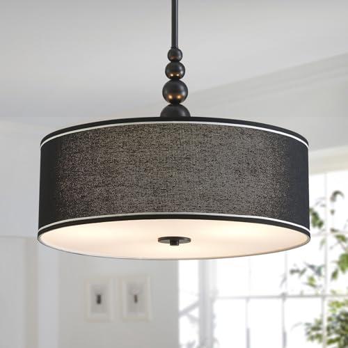 Shrine Lighting Drum Chandeliers, Farmhouse Style, Perfect Drum Pendant Light for Dining Room, D21'' x H8'', Adjustable Chains 59'', E26*3 Sockets, Black Linen Fabric Lampshade & Black Rod - color: Black D20''