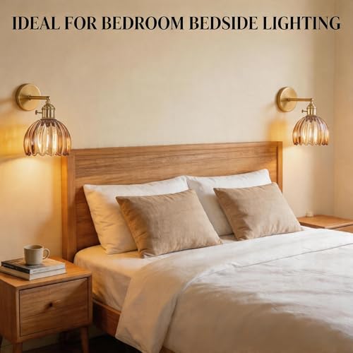 2 Pack Vintage Wall Sconces, Amber Tulip Glass Shade Wall Lamp with 2 Natural Light Bulbs, Hardwired Design with Rotary Switch, Decorative Light for Bedroom Hallway Living Room - color: Amber 2pcsTulip Wall Light