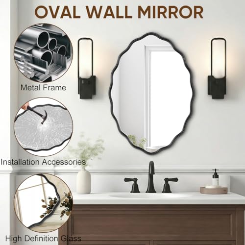 Oval Bathroom Mirror Wall Mounted Large Decorative Wall Mirror for Living Room, Bedroom, or Entryway – Vintage Sunburst Design with Beveled Detailing – Wavy Frame Vanity Mirror (Black) - color: Black