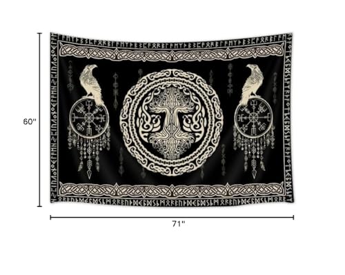 Hajmsug Vikings Tapestry,Black and White Tree Bird of Wisdom Celtic Rune Ancient Rune Totem Norse Mythology Medieval Viking Wall Art,Aesthetic Mythology Tapestry for Bedroom Living Room,71X60 Inch. - color: Black, size: 60"L x 71"W