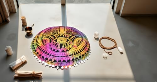 Round Mandala Floor Pillow Cover Seating Cushion Throw Cover Hippie Decorative Bohemian Ottoman Pouf Cover, Pom Pom Pillow Cases,Boho Indian 32 Inches Multi Hamsa - color: Multi Color, size: 32" Round
